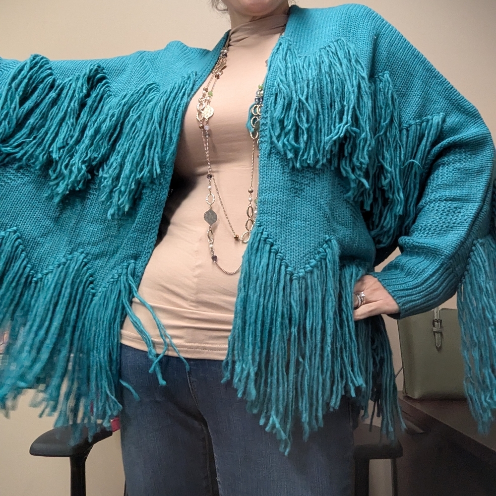 Teal Fringe Knit Sweater - Picture 7 of 7